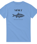 Ljusblå t-shirt med ett handritat tryck av en mört och texten "MÖRT" och "Rutilus rutilus".