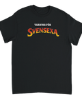 Retro filmparodi med texten Varning för Svensexa – grafiskt tryck på svart t-shirt