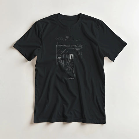 Konstnärlig illustration med siluett i en tunnel – t-shirt med gruvmotiv