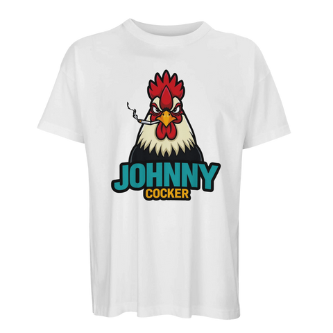 Provokativ t-shirt med satirisk illustration av en arg tupp