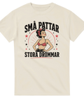 Grafisk illustration i 50-tals stil med attityd på cremevit t-shirt