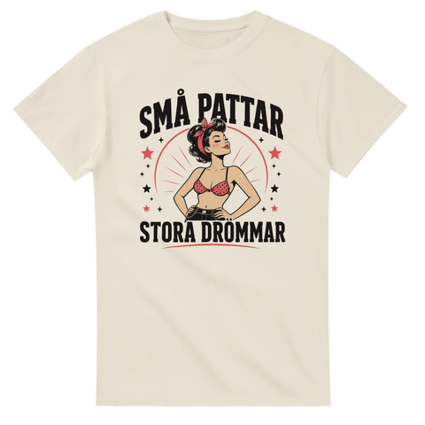 Grafisk illustration i 50-tals stil med attityd på cremevit t-shirt