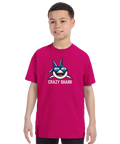 Tecknad haj med solglasögon och text "CRAZY SHARK" på fuchsia t-shirt för barn.