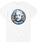 Grafiskt porträtt av Albert Einstein i cirkulär retrostil på en vit t-shirt