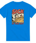 Kaxigt statement-motiv med trött karaktär och medicinflaska – kungsblå t-shirt