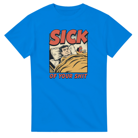 Kaxigt statement-motiv med trött karaktär och medicinflaska – kungsblå t-shirt