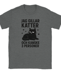 Grå t-shirt med texten "Jag gillar katter och kanske 3 personer" och en kattillustration