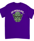 Lila t-shirt med ett grönt orchansikte och texten Jag orchar inte.