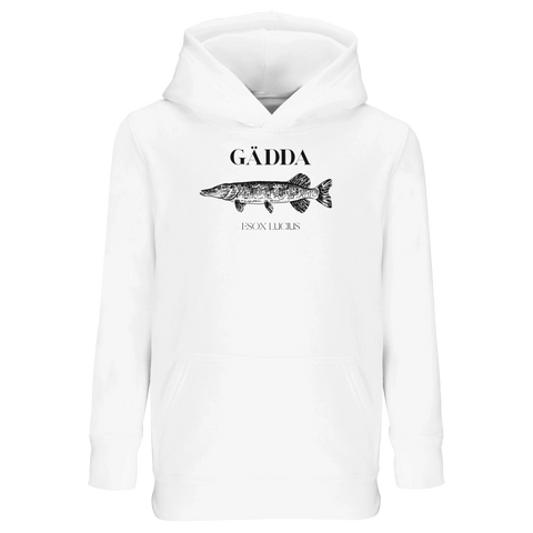 Klassisk vintagedesign av en gädda tryckt på vit barnhoodie