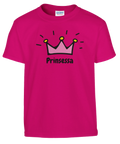 Tecknad rosa krona med gula juveler och text "Prinsessa" på fuchsia barn t-shirt.
