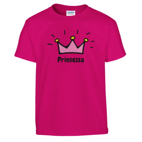 Tecknad rosa krona med gula juveler och text "Prinsessa" på fuchsia barn t-shirt.