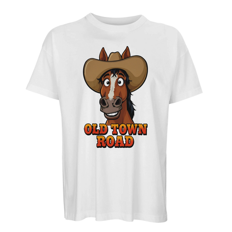 T-shirt med humoristiskt motiv av en häst i westernhatt
