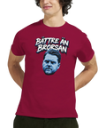 Bättre än brorsan" text med blåfärgad mansansikte på vinröd t-shirt.