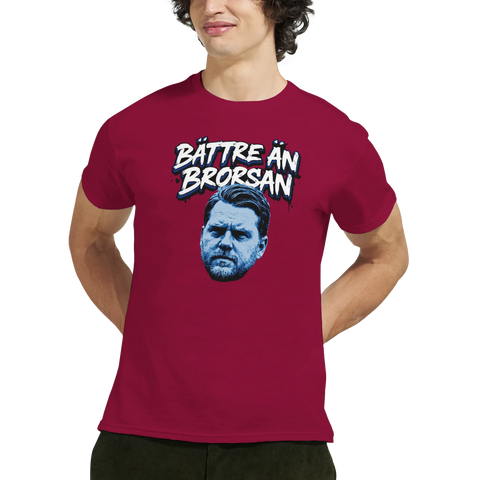 Bättre än brorsan" text med blåfärgad mansansikte på vinröd t-shirt.