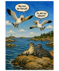 Humoristisk illustration av måsar och sälar i skärgårdsmiljö – poster med ordvits