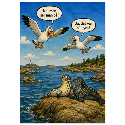 Humoristisk illustration av måsar och sälar i skärgårdsmiljö – poster med ordvits