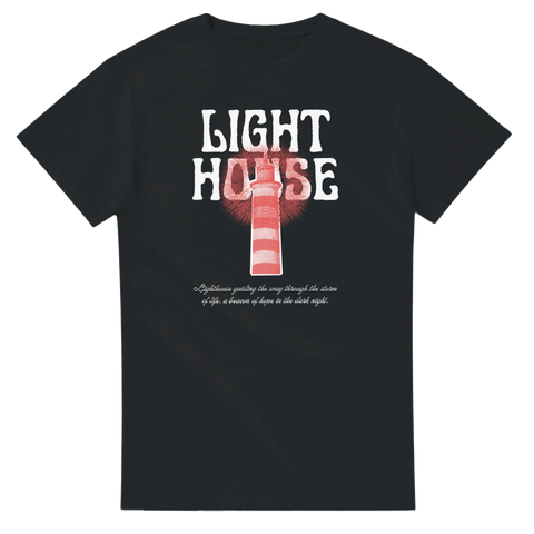 Grafiskt tryck av en rödvit fyr med texten Light House – maritim t-shirt