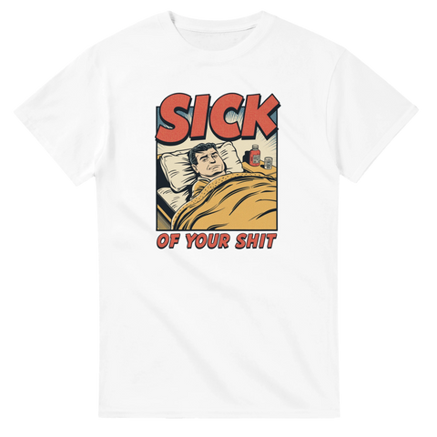 Svart humor t-shirt med retro illustration och röd text – vit t-shirt