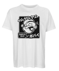 vit popeye t-shirt med japansk text, tryck på framsida