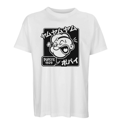 vit popeye t-shirt med japansk text, tryck på framsida