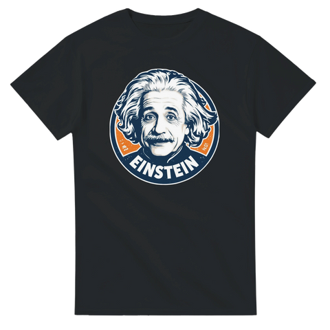 Stilrent vetenskapsmotiv med Albert Einstein i badge-design på en svart t-shirt