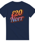 Marinblå t-shirt med nostalgiskt vägskyltsmotiv i varm färggradient