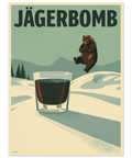 Retro Jägerbomb poster med en hoppande björn och ett snapsglas i vinterlandskap