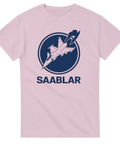 Saab 37 Viggen flygplan med rök i mörkblå cirkel, text "SAABLAR" på rosa t-shirt.