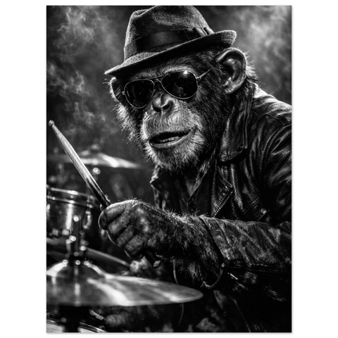 Stämningsfull fotokonst med chimpans som trummis, omgiven av rök och trumset i kontrastrik svartvit stil.