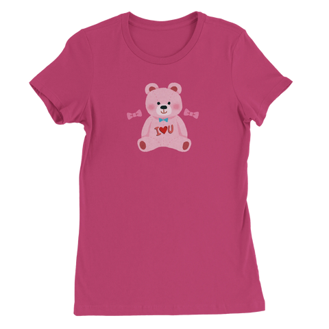 Rosa teddybjörn med blå fluga och "I <3 U" på ceriserosa dam-t-shirt.