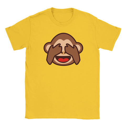 Apan som håller för ögonen emoji på gul t-shirt.