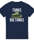 Grön stridsvagn med texten "TANKS BIG TANKS" på marinblå t-shirt.