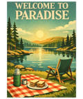 Retroillustration av en öde picknick vid en sjö i solnedgång med texten Welcome to Paradise i 50-talsstil.