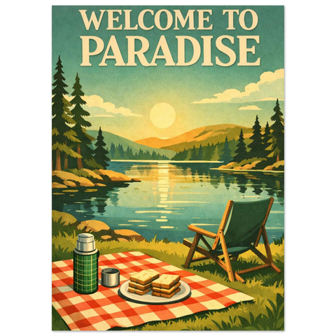 Retroillustration av en öde picknick vid en sjö i solnedgång med texten Welcome to Paradise i 50-talsstil.