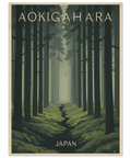 Närbild på en travel poster föreställande Aokigahara Japan med grafiska träd och mjukt gröna mossbelagda markpartier.