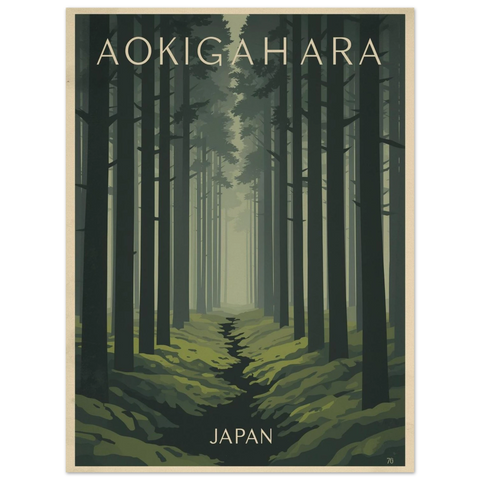 Närbild på en travel poster föreställande Aokigahara Japan med grafiska träd och mjukt gröna mossbelagda markpartier.