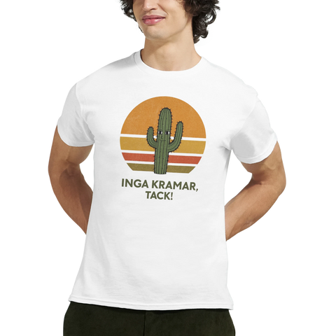 Man bär en t-shirt med ett ironiskt kaktusmotiv och statement-text