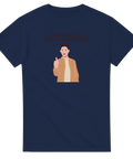 Marinblå t-shirt med ironiskt motiv och textbaserad ordvits för humorälskare