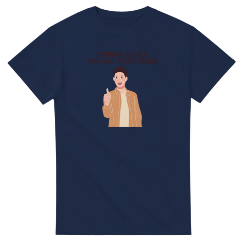Marinblå t-shirt med ironiskt motiv och textbaserad ordvits för humorälskare