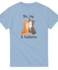 Tecknade katter, orange och grå, med text "Du, jag & katterna" på ljusblå t-shirt.