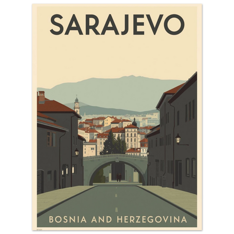 Illustration av Sarajevo med en stenbro, klassiska byggnader och berg i bakgrunden i dova färgtoner.
