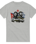 Vintage motiv med kubanska revolutionärer och flagga på gråmelerad t-shirt