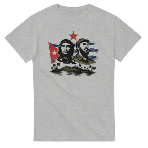 Vintage motiv med kubanska revolutionärer och flagga på gråmelerad t-shirt