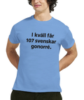 Blå t-shirt med texten "I kväll får 107 svenskar gonorré"