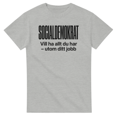 Gråmelerad t-shirt med grafiskt text-tryck och ironisk politisk punchline
