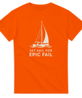 Orange t-shirt med vit grafisk design av en segelbåt på vågorna