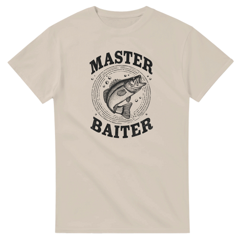 Master Baiter t-shirt med fiskmotiv och text – beige