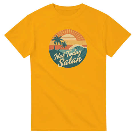 Not Today Satan" t-shirt med retro solnedgång, palmer och vågor på gul t-shirt.