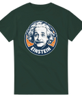 Klassisk illustration av fysikern Einstein i grafisk stil på en mörkgrön t-shirt