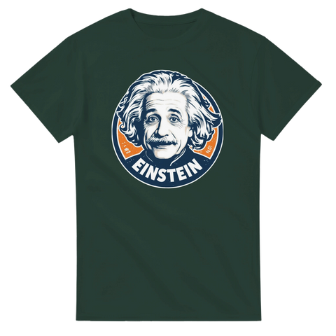 Klassisk illustration av fysikern Einstein i grafisk stil på en mörkgrön t-shirt